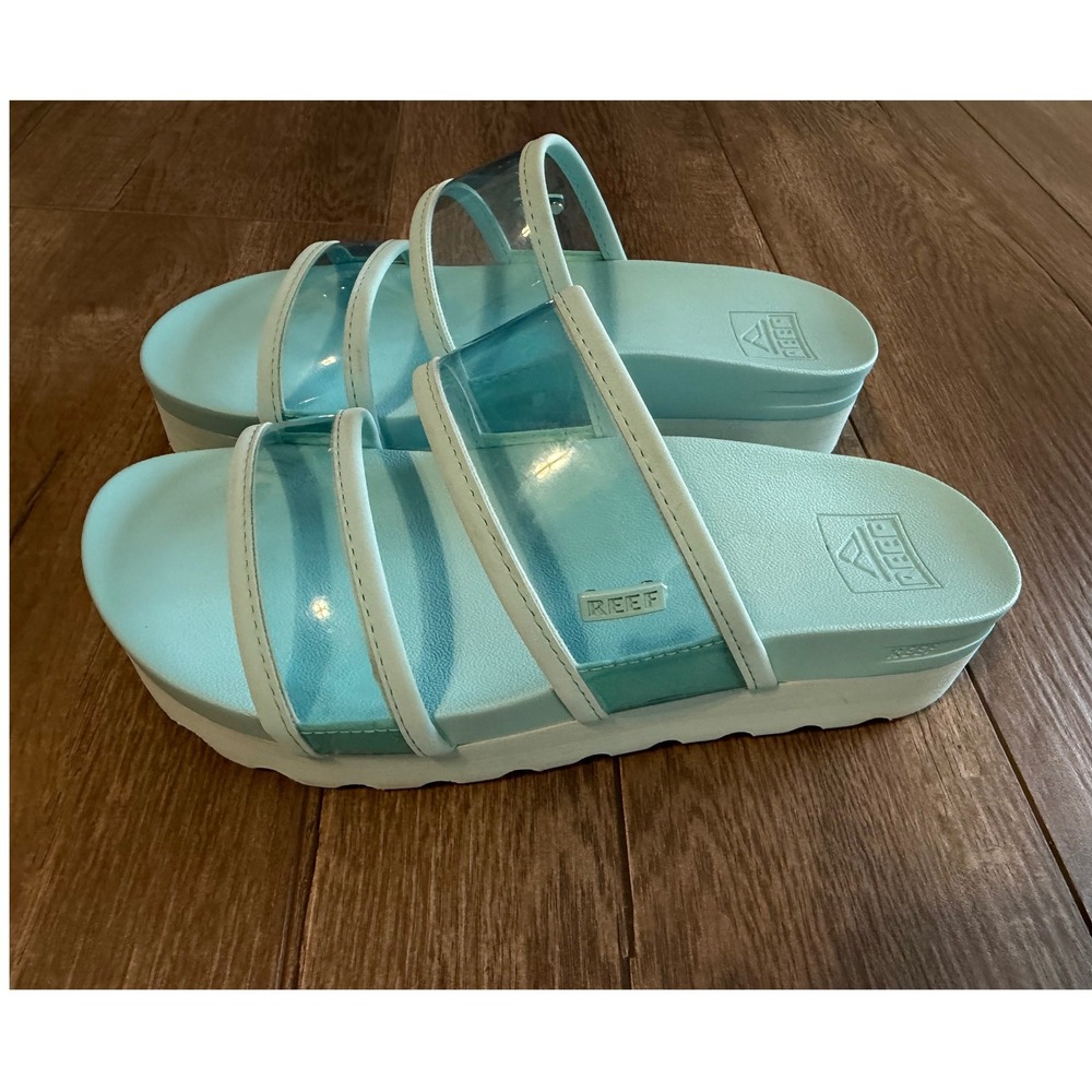 Reef Water‎ Aqua Blue Clear Strap Platform Slide Sandals Womens Size 6